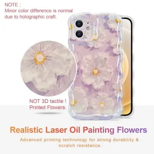 EYZUTAK iPhone 12 uchun g‘ilof, Rangli Retro Yog‘li Bo‘yoqli Gul Lazer Yorqin Naqshli Chiroyli Jingalak To‘lqinli Chegara Nozik Telefon Qopqog‘i Zamonaviy Bardoshli TPU Himoya G‘ilofi Qizlar Ayollar uchun - Och Binafsha - EYZUTAK (1)