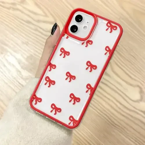 EYZUTAK iPhone 12 uchun g'ilof, shaffof chiroyli lenta kamon naqshli estetik shaffof telefon g'ilofi ko'tarilgan kamera himoyasi zamonaviy ingichka yumshoq bardoshli TPU himoya qopqog'i ayollar qizlar uchun - Qizil - 12