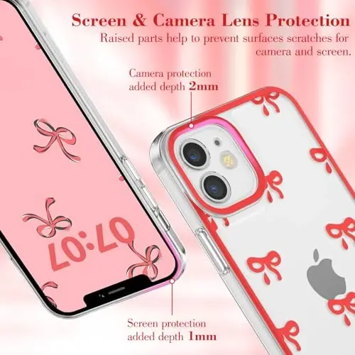 EYZUTAK iPhone 12 uchun g'ilof, shaffof chiroyli lenta kamon naqshli estetik shaffof telefon g'ilofi ko'tarilgan kamera himoyasi zamonaviy ingichka yumshoq bardoshli TPU himoya qopqog'i ayollar qizlar uchun - Qizil - 11