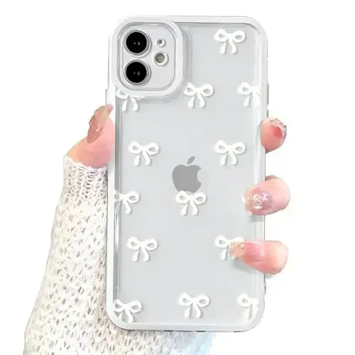 EYZUTAK iPhone 12 uchun g'ilof, Shaffof Chiroyli lenta kamon naqshli Estetik Shaffof Telefon G'ilofi Ko'tarilgan Kamera Himoyasi Zamonaviy Yupqa Yumshoq Bardoshli TPU Himoya Qopqog'i Ayollar Qizlar uchun - Oq - 1