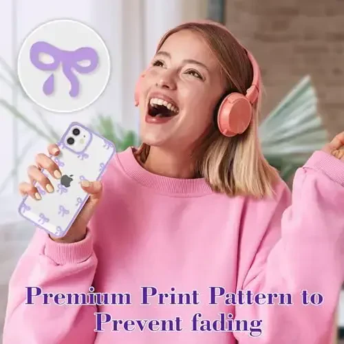 EYZUTAK iPhone 12 uchun g'ilof, shaffof chiroyli lenta kamonli naqshli estetik shaffof telefon g'ilofi ko'tarilgan kamera himoyasi zamonaviy ingichka yumshoq bardoshli TPU himoya qopqog'i ayollar qizlar uchun - binafsha - 7