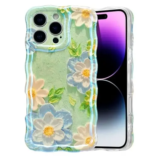 EYZUTAK Case for iPhone 13 Pro, Colorful Retro Oil Painting Flower Laser Glossy Pattern Cute Curly Wave Edge Exquisite Phone Cover Stylish Durable TPU Protective Case for Girl Women - Blue White 