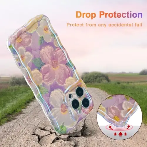 EYZUTAK iPhone 13 Pro Max uchun g'ilof, Rangli Retro Yog'li Bo'yoq Bosilgan Gul Lazer Yorqin Naqshli Chiroyli Jingalak To'lqinlar Qirrasi Nafis Telefon Qopqog'i Zamonaviy Bardoshli TPU Himoya G'ilofi Qizlar Ayollar uchun - Pushti - 3