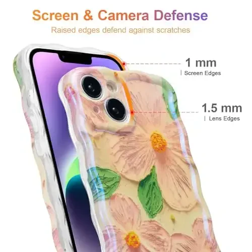 EYZUTAK iPhone 13 uchun g'ilof, Rangli Retro Yog'li Bo'yoqli Gul Barglari Lazer Yorqin Naqshli Yoqimli Jingalak To'lqinlar Cheti nafis Telefon Qopqog'i Zamonaviy Bardoshli TPU Himoya G'ilofi Qizlar Ayollar uchun - Pushti Yashil - 4