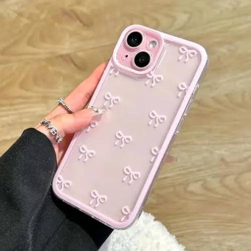 EYZUTAK iPhone 13 uchun g'ilof, shaffof chiroyli lenta kamon naqshli estetik shaffof telefon g'ilofi ko'tarilgan kamera himoyasi zamonaviy ingichka yumshoq bardoshli TPU himoya qopqog'i ayollar qizlar uchun - Pushti - 1