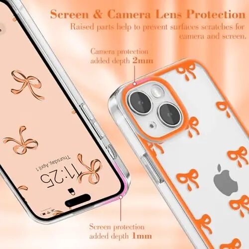EYZUTAK iPhone 13 uchun g‘ilof, Shaffof Yoqimli Bantli Tugun Naqshli Estetik Shaffof Telefon G'ilofi Ko'tarilgan Kamera Himoyasi Zamonaviy Yupqa Yumshoq Bardoshli TPU Himoya Qopqog'i Ayollar Qizlar uchun - Apelsin - EYZUTAK (1)