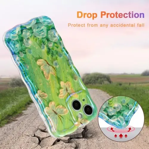 EYZUTAK iPhone 14 Kılıfı, Renkli Retro Yağlı Boya Çiçek Lazer Parlak Desen Sevimli Kıvırcık Dalga Kenar Zarif Telefon Kılıfı Şık Dayanıklı TPU Koruyucu Kılıf Kadınlar İçin - Kelebek Yeşil - 3