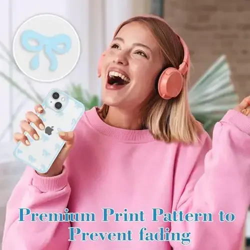 EYZUTAK iPhone 14 Plus uchun g'ilof, shaffof chiroyli lenta kamon naqshli estetik shaffof telefon g'ilofi ko'tarilgan kamera himoyasi zamonaviy ingichka yumshoq bardoshli TPU himoya qopqog'i ayollar qizlar uchun - Moviy - 6