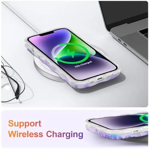 EYZUTAK iPhone 14 Plus/iPhone 15 Plus uchun g‘ilof, rangli retro moyli bo‘yoqli gul lazerli yaltiroq yoqimli jingalak to‘lqinli qirrali nafis telefon qopqog‘i zamonaviy bardoshli TPU himoya g‘ilofi qizlar uchun - binafsha - 6