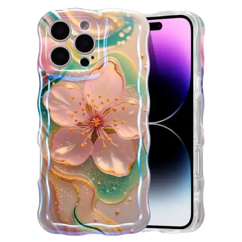 EYZUTAK Case for iPhone 14 Pro, Colorful Retro Oil Painting Flower Laser Glossy Pattern Cute Curly Wave Edge Exquisite Phone Cover Stylish Durable TPU Protective Case for Girl Women - Sakura 