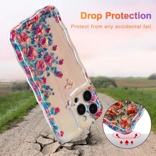 EYZUTAK iPhone 14 Pro Max uchun g'ilof, rangli retro moyli bo'yoqli bosma gul lazerli yaltiroq naqshli yoqimli jingalak to'lqinli qirrali nafis telefon qopqog'i zamonaviy bardoshli TPU himoya g'ilofi qizlar ayollar uchun-Bej - 3