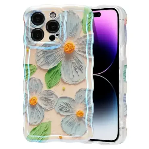 EYZUTAK iPhone 14 Pro uchun g‘ilof, rangli retro moyli bo‘yoqli gul bargli lazerli yaltiroq naqshli yoqimli jingalak to‘lqinli qirrali nafis telefon qopqog‘i moda bardoshli TPU himoya g‘ilofi qizlar ayollar uchun - Moviy Yashil - EYZUTAK