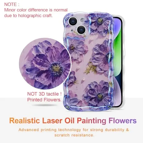 EYZUTAK iPhone 14 uchun g'ilof, rangli retro moyli bo'yoqli bosma gul lazerli yaltiroq naqshli yoqimli jingalak to'lqinli chegara nafis telefon qopqog'i zamonaviy bardoshli TPU himoya qutisi qizlar uchun ayollar - Binafsha - EYZUTAK (1)