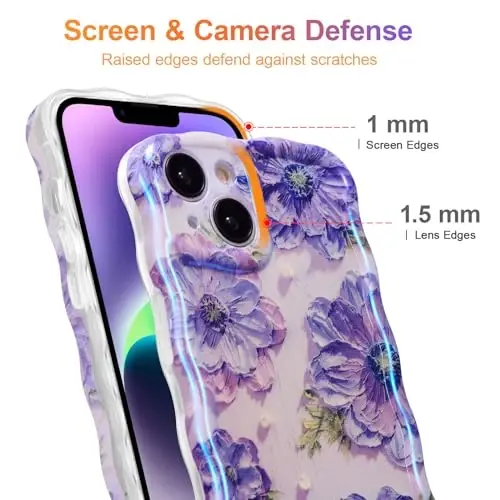 EYZUTAK iPhone 14 uchun g'ilof, rangli retro moyli bo'yoqli bosma gul lazerli yaltiroq naqshli yoqimli jingalak to'lqinli chegara nafis telefon qopqog'i zamonaviy bardoshli TPU himoya qutisi qizlar uchun ayollar - Binafsha - 4