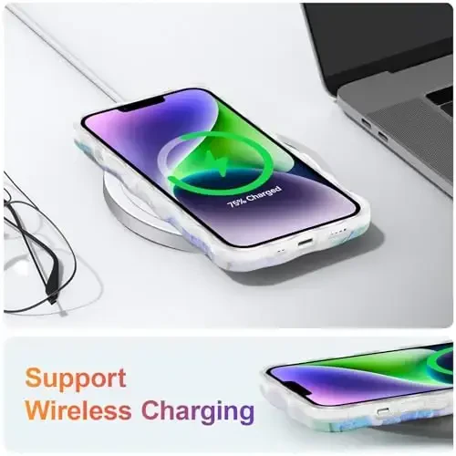 EYZUTAK iPhone 14 uchun g‘ilof, rangli retro moyli bo‘yoqli gul barglari lazerli yaltiroq naqshli yoqimli jingalak to‘lqinli qirrali nafis telefon qopqog‘i zamonaviy bardoshli TPU himoya g‘ilofi qizlar ayollar uchun - ko‘k yashil - 6