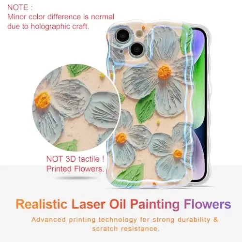 EYZUTAK iPhone 14 uchun g‘ilof, rangli retro moyli bo‘yoqli gul barglari lazerli yaltiroq naqshli yoqimli jingalak to‘lqinli qirrali nafis telefon qopqog‘i zamonaviy bardoshli TPU himoya g‘ilofi qizlar ayollar uchun - ko‘k yashil - 2