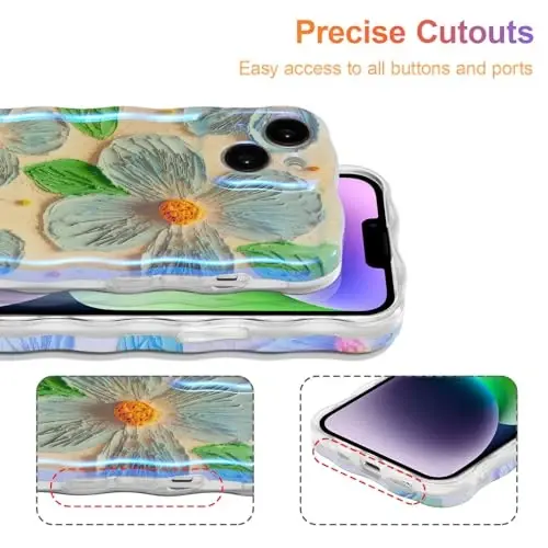 EYZUTAK iPhone 14 uchun g‘ilof, rangli retro moyli bo‘yoqli gul barglari lazerli yaltiroq naqshli yoqimli jingalak to‘lqinli qirrali nafis telefon qopqog‘i zamonaviy bardoshli TPU himoya g‘ilofi qizlar ayollar uchun - ko‘k yashil - 5