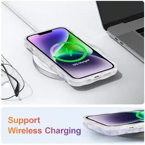 EYZUTAK iPhone 14 uchun g‘ilof, rangli retro moyli bo‘yoqli gul lazerli yaltiroq naqshli, yoqimli jingalak to‘lqinli hoshiyali, nafis telefon qopqog‘i, qizlar va ayollar uchun zamonaviy bardoshli TPU himoya g‘ilofi - Ochiq ko‘k - 6