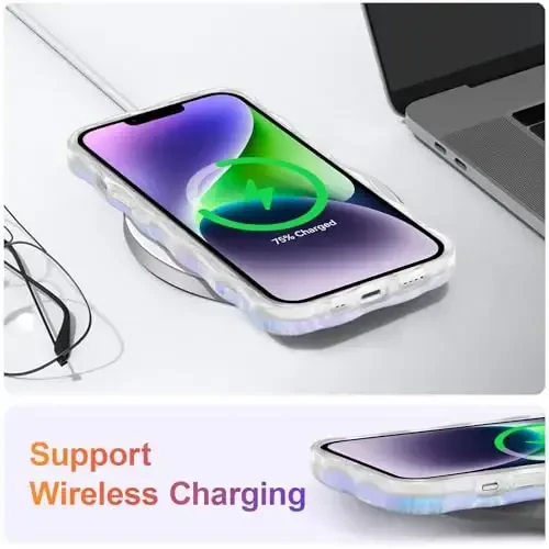 EYZUTAK iPhone 14 uchun g'ilof, Rangli Retro Yog'li Bo'yoqli Bosilgan Gul Lazer Nurlari Yaltiroq Naqshli Chiroyli Jingalak To'lqinlar Chegarasi Qizlar Ayollar uchun Nafis Telefon Qopqog'i Zamonaviy Bardoshli TPU Himoya G'ilofi -Pushti - 6