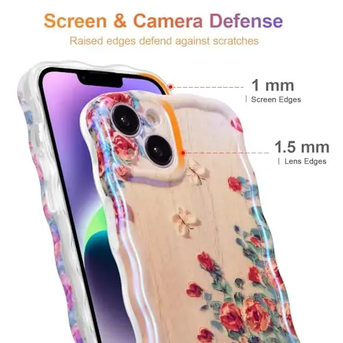 EYZUTAK iPhone 14 uchun g'ilof, Rangli Retro Yog'li Bo'yoqli Gul Lazer Nurli Yaltiroq Naqshli Chiroyli Jingalak To'lqinlar Chegarasi Qizlar Ayollar uchun nafis Telefon Qopqog'i Zamonaviy Bardoshli TPU Himoya G'ilofi-Bej - 4