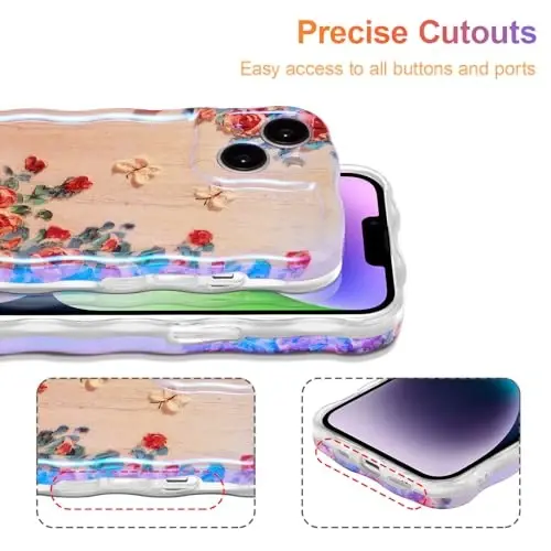 EYZUTAK iPhone 14 uchun g'ilof, Rangli Retro Yog'li Bo'yoqli Gul Lazer Nurli Yaltiroq Naqshli Chiroyli Jingalak To'lqinlar Chegarasi Qizlar Ayollar uchun nafis Telefon Qopqog'i Zamonaviy Bardoshli TPU Himoya G'ilofi-Bej - 5