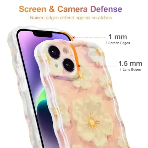 EYZUTAK iPhone 14 uchun g'ilof, Rangli Retro Yog'li Bo'yoqli Gul Lazer Yorqin Naqshli Chiroyli Jingalak To'lqinli Chegara Nafis Telefon Qopqog'i Zamonaviy Bardoshli TPU Himoya G'ilofi Qizlar Ayollar uchun - Och Pushti - 3