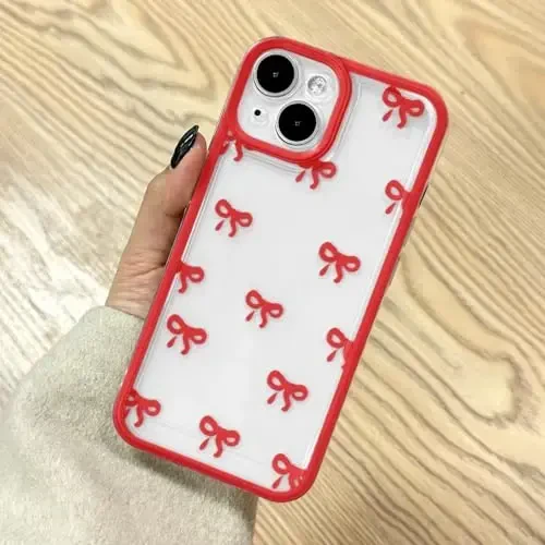 EYZUTAK iPhone 14 uchun g'ilof, Shaffof Chiroyli lenta bantli naqsh Estetik Shaffof telefon g'ilofi Ko'tarilgan kamera himoyasi Zamonaviy Yupqa Yumshoq Bardoshli TPU Himoya qopqog'i Ayollar Qizlar uchun - Qizil - EYZUTAK