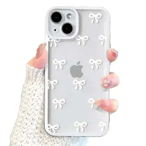 EYZUTAK iPhone 15 Plus uchun g'ilof, Shaffof chiroyli lenta kamon naqshli estetik shaffof telefon g'ilofi ko'tarilgan kamera himoyasi Zamonaviy ingichka yumshoq bardoshli TPU himoya qopqog'i ayollar qizlar uchun - Oq 