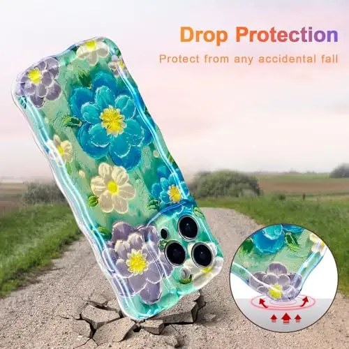 EYZUTAK iPhone 15 Pro Max Kılıfı, Renkli Retro Yağlı Boya Çiçek Lazer Parlak Desen Sevimli Kıvırcık Dalga Kenar Zarif Telefon Kılıfı Şık Dayanıklı TPU Koruyucu Kılıf Kız Kadın - Mavi Mor - 3