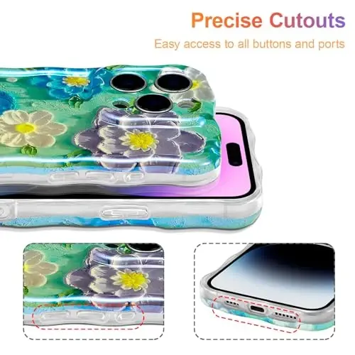 EYZUTAK iPhone 15 Pro Max Kılıfı, Renkli Retro Yağlı Boya Çiçek Lazer Parlak Desen Sevimli Kıvırcık Dalga Kenar Zarif Telefon Kılıfı Şık Dayanıklı TPU Koruyucu Kılıf Kız Kadın - Mavi Mor - 5