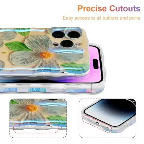 EYZUTAK iPhone 15 Pro Max uchun g'ilof, rangli retro moyli bo'yoqli gul barglari lazerli yaltiroq naqshli yoqimli jingalak to'lqinli qirrali nafis telefon qopqog'i ayollar uchun zamonaviy bardoshli TPU himoya g'ilofi - ko'k yashil - 5