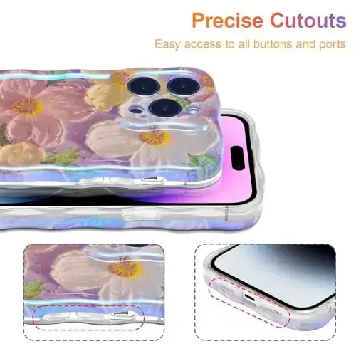 EYZUTAK iPhone 15 Pro Max uchun g‘ilof, Rangli Retro Yog‘li Bo‘yoqli Bosma Gul Lazer Yorqin naqshli Chiroyli Jingalak to‘lqinli qirrali nafis telefon qopqog‘i, Qizlar va ayollar uchun zamonaviy bardoshli TPU himoya g‘ilofi - Pushti - 5