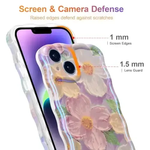 EYZUTAK iPhone 15 uchun g'ilof, Rangli Retro Moyli Bo'yoqli Bosma Gul Lazerli Nurli Yaltiroq Naqshli Chiroyli Buralgan To'lqinlar Chegarasi Qizlar uchun Nozik Telefon Qopqog'i Zamonaviy Bardoshli TPU Himoya G'ilofi - Pushti - 4