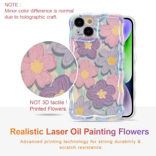 EYZUTAK iPhone 15 uchun g'ilof, Rangli Retro Moyli Bo'yoqli Gul Lazer Yorqin Dizayn Yoqimli Jingalak To'lqinlar Qirrasi Nozik Telefon Qopqog'i Zamonaviy Bardoshli TPU Himoya G'ilofi Qizlar Ayollar uchun - Pushti Binafsha - 2