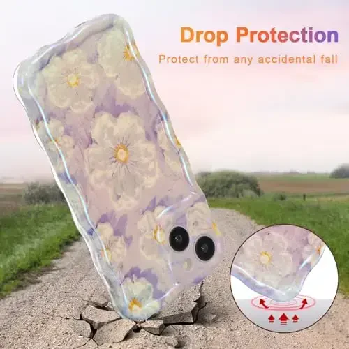 EYZUTAK iPhone 15 uchun g'ilof, Rangli Retro Moyli Bo'yoqli Gul Lazer Yorqin Naqshli Chiroyli Jingalak To'lqin Chegarasi Qiz Ayollar uchun nafis Telefon Qopqog'i Zamonaviy Bardoshli TPU Himoya G'ilofi - Ochiq Binafsha - 3