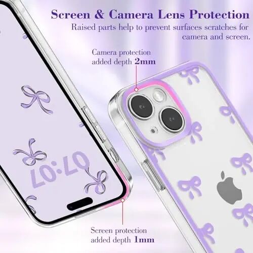 EYZUTAK iPhone 15 uchun g'ilof, tiniq yoqimli tasmali tugun naqshli estetik shaffof telefon g'ilofchisi ko'tarilgan kamera muhofazasi zamonaviy yupqa yumshoq bardoshli TPU himoya qopqog'i ayollar qizlar uchun - binafsha - 2