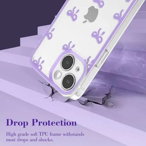 EYZUTAK iPhone 15 uchun g'ilof, tiniq yoqimli tasmali tugun naqshli estetik shaffof telefon g'ilofchisi ko'tarilgan kamera muhofazasi zamonaviy yupqa yumshoq bardoshli TPU himoya qopqog'i ayollar qizlar uchun - binafsha - 3
