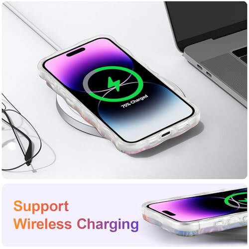 EYZUTAK Case for iPhone 16, Colorful Retro Oil Painting Printed Flower Laser Glossy Pattern Cute Curly Wave Edge Exquisite Phone Cover Stylish Durable TPU Protective Case for Girl Women-Green - 6