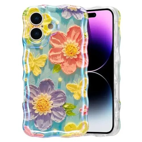 EYZUTAK iPhone 16 Kılıfı, Renkli Retro Yağlı Boya Çiçek Lazer Parlak Desen Sevimli Kıvırcık Dalga Kenar Zarif Telefon Kılıfı Kadınlar için - Kelebek Çiçek - EYZUTAK