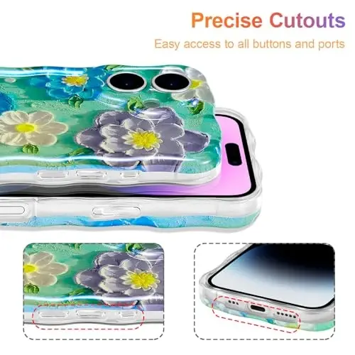 EYZUTAK iPhone 16 Kılıfı, Renkli Retro Yağlı Boya Çiçek Lazer Parlak Desen Sevimli Kıvırcık Dalgalı Kenar Zarif Telefon Kılıfı Kız Kadınlar için Şık Dayanıklı TPU Koruyucu Kılıf - Mavi Mor - 5