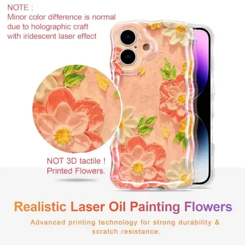 EYZUTAK Case for iPhone 16, Colorful Retro Oil Painting Flower Laser Glossy Pattern Cute Curly Wave Edge Exquisite Phone Cover Stylish Durable TPU Protective Case for Girl Women - Pink White - 2