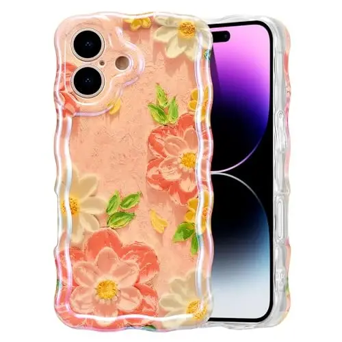 EYZUTAK Case for iPhone 16 Plus, Colorful Retro Oil Painting Flower Laser Glossy Pattern Cute Curly Wave Edge Exquisite Phone Cover Stylish Durable TPU Protective Case for Girl Women - Pink White 