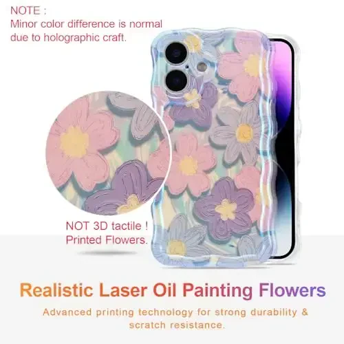 EYZUTAK iPhone 16 Plus uchun g‘ilof, rangli retro moyli bo‘yoqli lazerli yaltiroq naqshli, jingalak to‘lqinli qirrali nafis telefon qopqog‘i, qizlar va ayollar uchun zamonaviy bardoshli TPU himoya g‘ilofi - Pushti Binafsha - 2