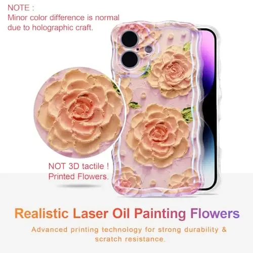 EYZUTAK iPhone 16 Plus uchun g'ilof, Rangli Retro Yog'li Bo'yoqli Gul Lazerli Yaltiroq Naqshli Chiroyli Jingalak To'lqinli Qirrali Nozik Telefon Qopqog'i Zamonaviy Bardoshli TPU Himoya G'ilofi Qiz Ayollar uchun - Pushti Pion - EYZUTAK (1)