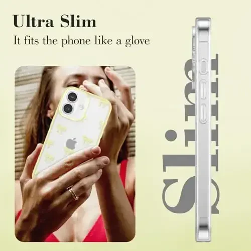 EYZUTAK iPhone 16 Plus uchun g'ilof, Shaffof chiroyli lenta kamon naqshli estetik shaffof telefon g'ilofi Ko'tarilgan kamera himoyasi Zamonaviy ingichka yumshoq bardoshli TPU himoya qopqog'i ayollar qizlar uchun - Sariq - 4