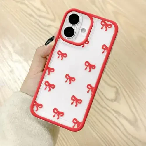 EYZUTAK iPhone 16 Plus uchun g'ilof, Shaffof Chiroyli lenta kamon naqshli Estetik Shaffof telefon g'ilofi Ko'tarilgan kamera himoyasi Zamonaviy Ingichka Yumshoq Bardoshli TPU Himoya qopqog'i Ayollar uchun qizlar - Qizil 