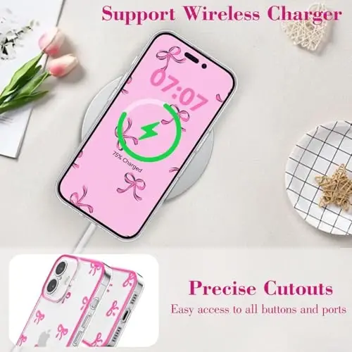 EYZUTAK iPhone 16 Plus uchun g‘ilof, tiniq yoqimli lenta kamon naqshli estetik shaffof telefon g‘ilofi, ko‘tarilgan kamera himoyasi, zamonaviy ingichka yumshoq bardoshli TPU himoya qopqog‘i ayollar qizlar uchun - pushti qizil - 5