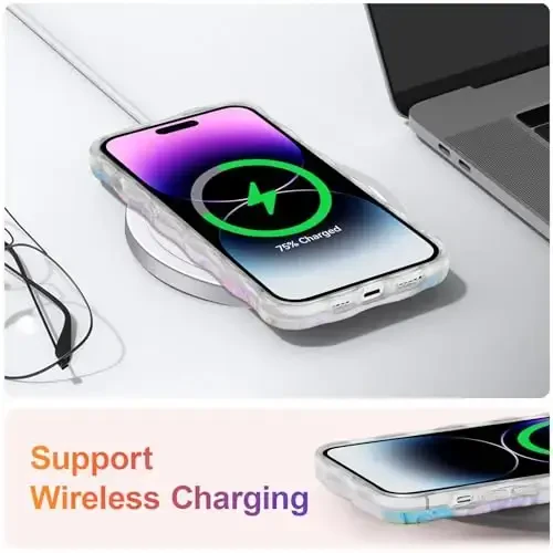 EYZUTAK iPhone 16 Pro Max uchun g‘ilof, rangli retro moyli bo‘yoqli gul bargli lazerli yaltiroq naqshli yoqimli jingalak to‘lqinli qirrali nafis telefon qopqog‘i zamonaviy bardoshli TPU himoya g‘ilofi ayollar uchun - pushti yashil - 6