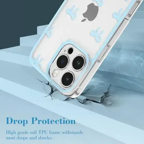 EYZUTAK iPhone 16 Pro Max uchun g‘ilof, shaffof chiroyli lenta kamon naqshli estetik shaffof telefon g‘ilofi ko‘tarilgan kamera himoyasi zamonaviy ingichka yumshoq bardoshli TPU himoya qopqog‘i ayollar qizlar uchun - Moviy - 10