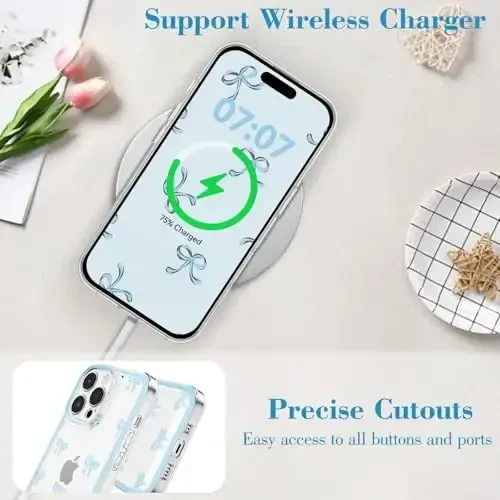 EYZUTAK iPhone 16 Pro Max uchun g‘ilof, shaffof chiroyli lenta kamon naqshli estetik shaffof telefon g‘ilofi ko‘tarilgan kamera himoyasi zamonaviy ingichka yumshoq bardoshli TPU himoya qopqog‘i ayollar qizlar uchun - Moviy - 8